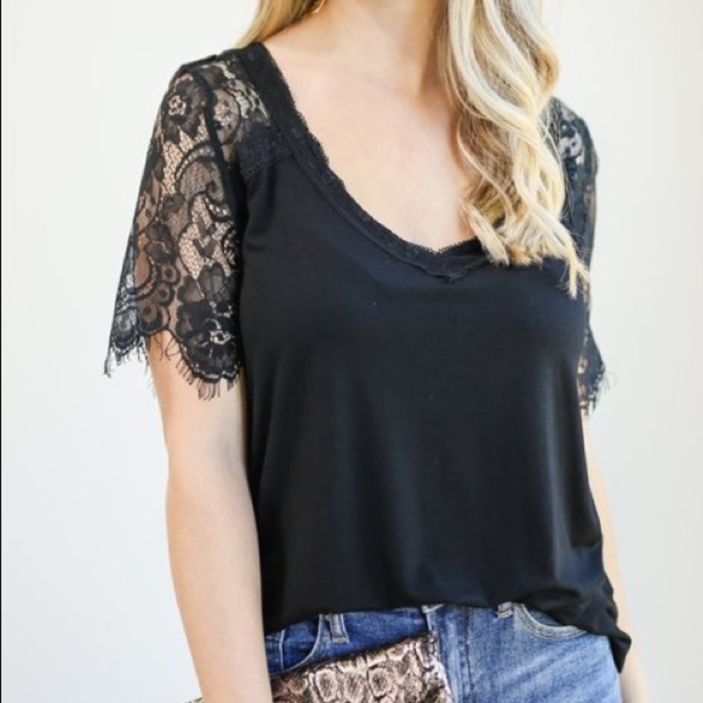Black lace v-neck tee